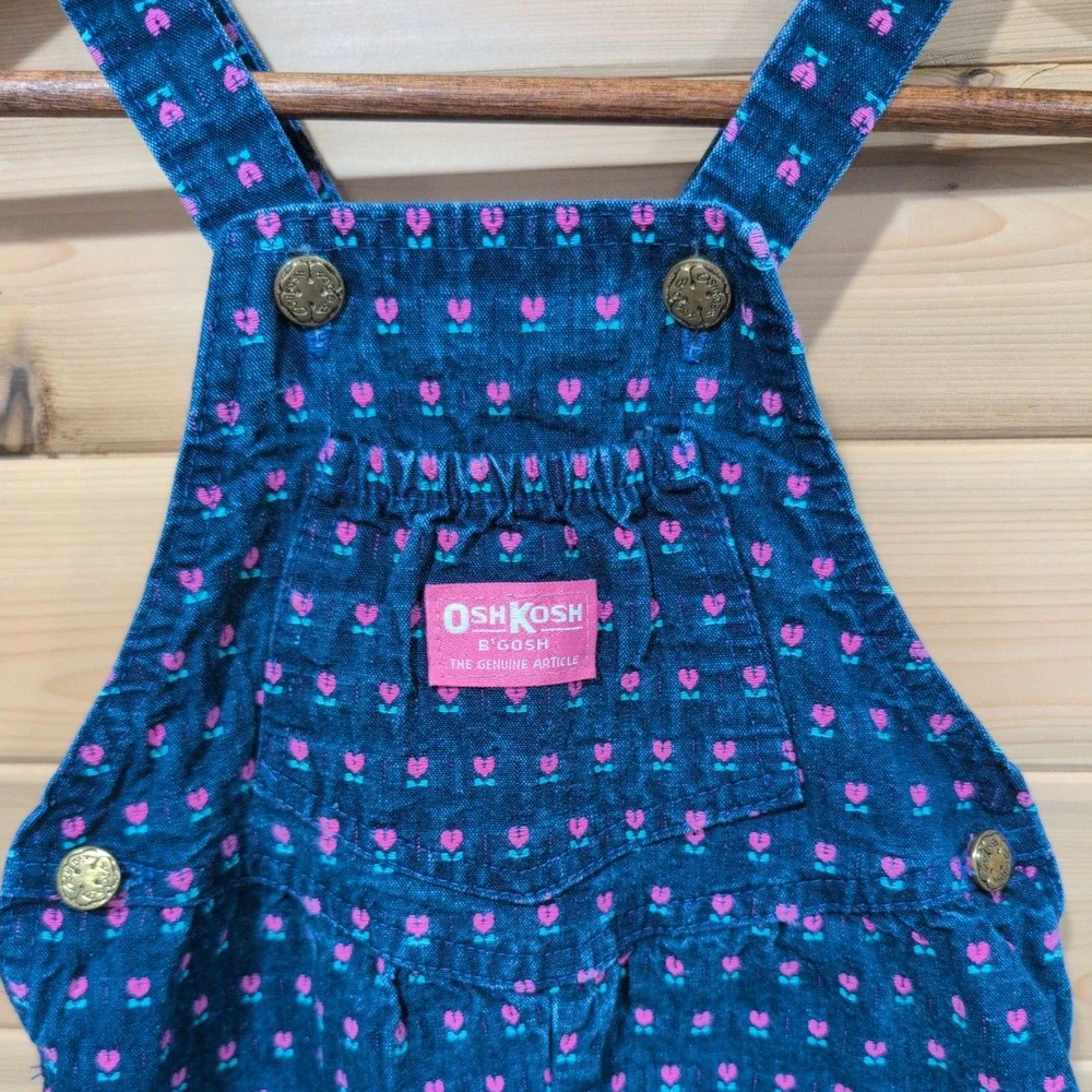 Vintage OshKosh B'gosh Vestbak Overalls 4T Blue Pink Floral Tulip Heart USA